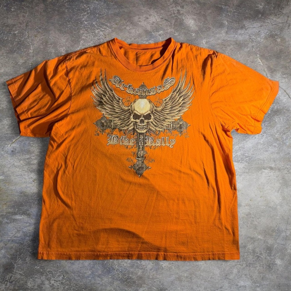 Arkansas Bike Rally 2010 Graphic T Shirt Orange Winged Skull Men 2XL Y2K Biker